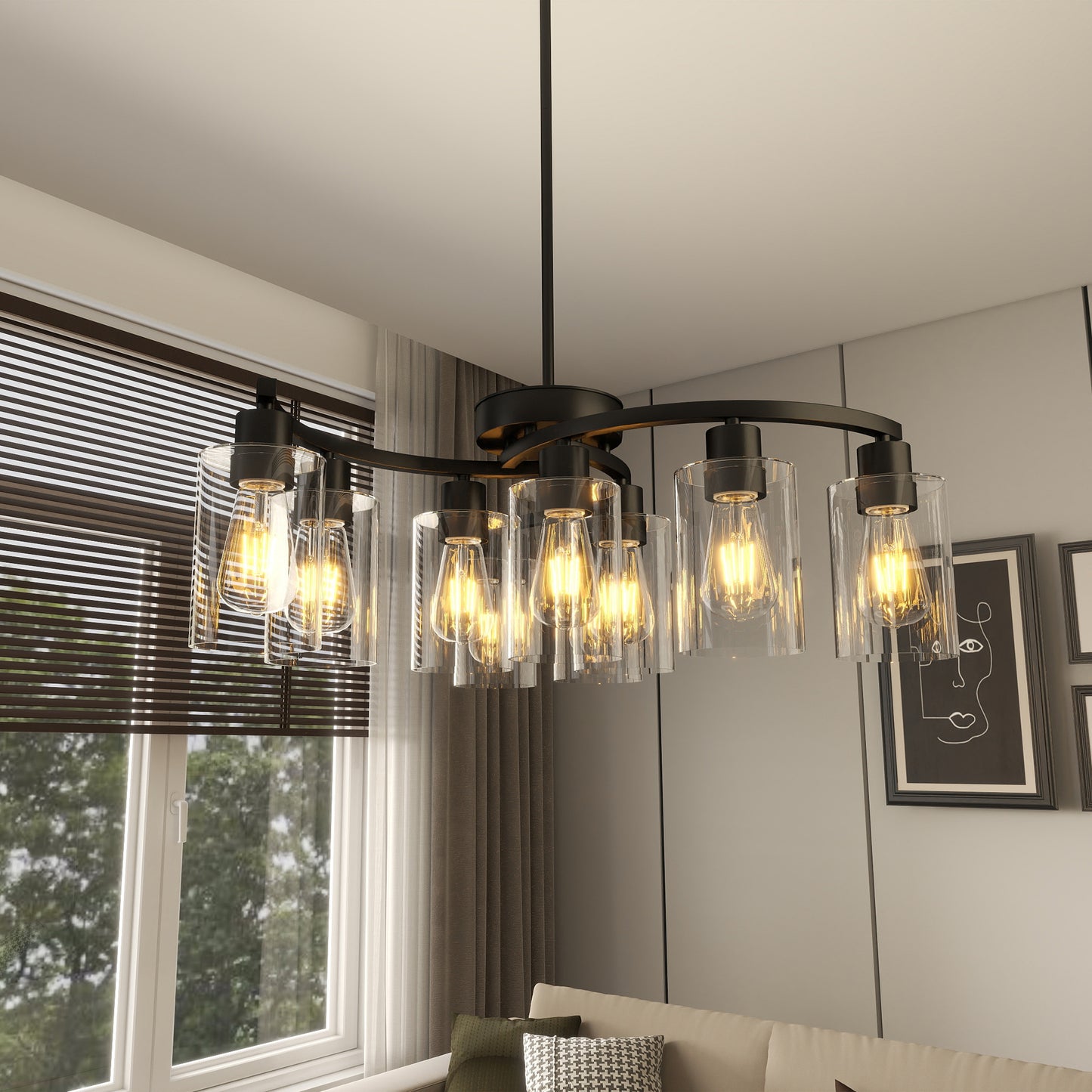 9-Light Matte Black Glass Chandelier / Black