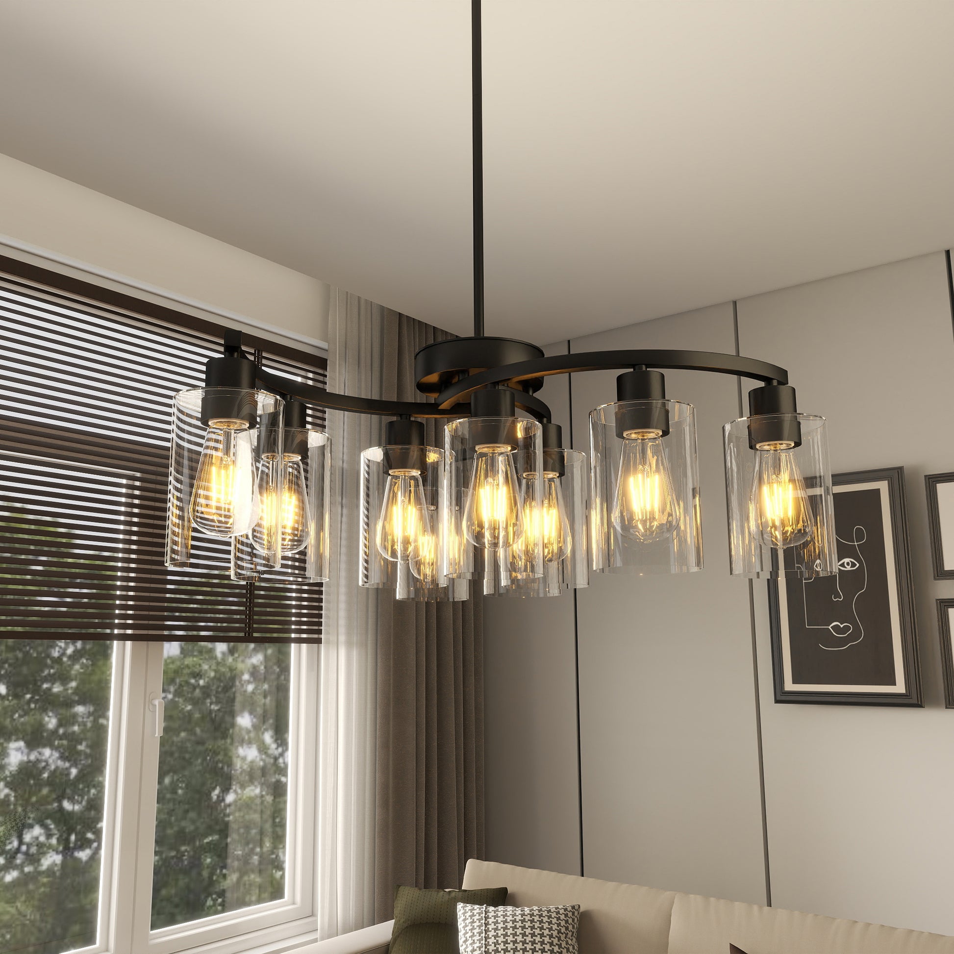 9-Light Matte Black Glass Chandelier / Black