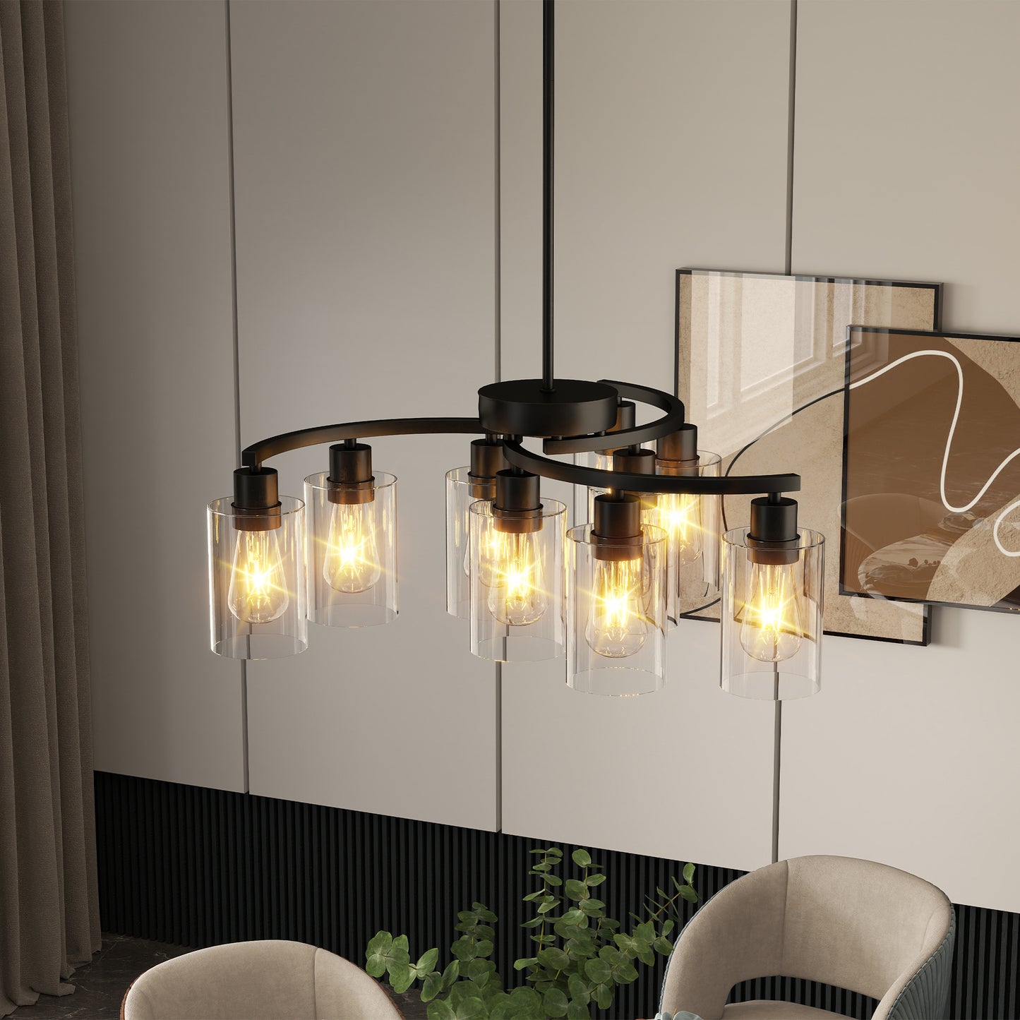 9-Light Matte Black Glass Chandelier