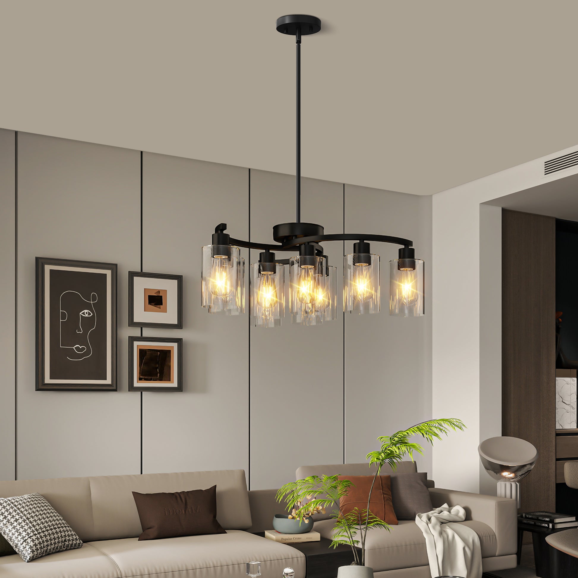 9-Light Matte Black Glass Chandelier