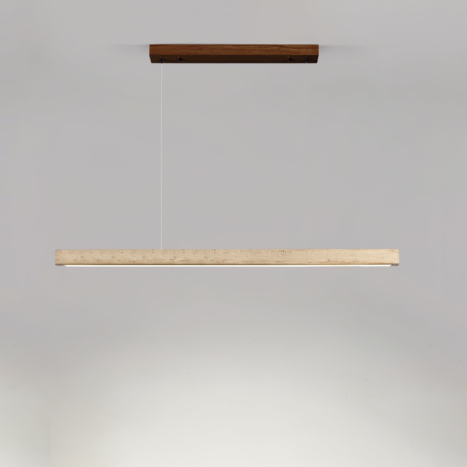 Linear Travertine Integrated LED Pendant Light / ∅ 31.5″ x H 1.9″ / Walnut Wood & Yellow Travertine / Triac Dimmable Warm Light