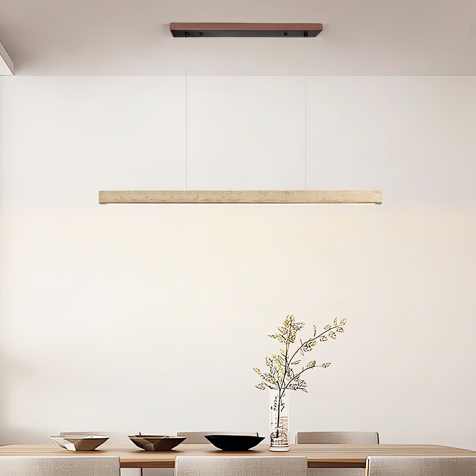 Linear Travertine Integrated LED Pendant Light / ∅ 31.5″ x H 1.9″ / Wood Color & Yellow Travertine / Warm Light