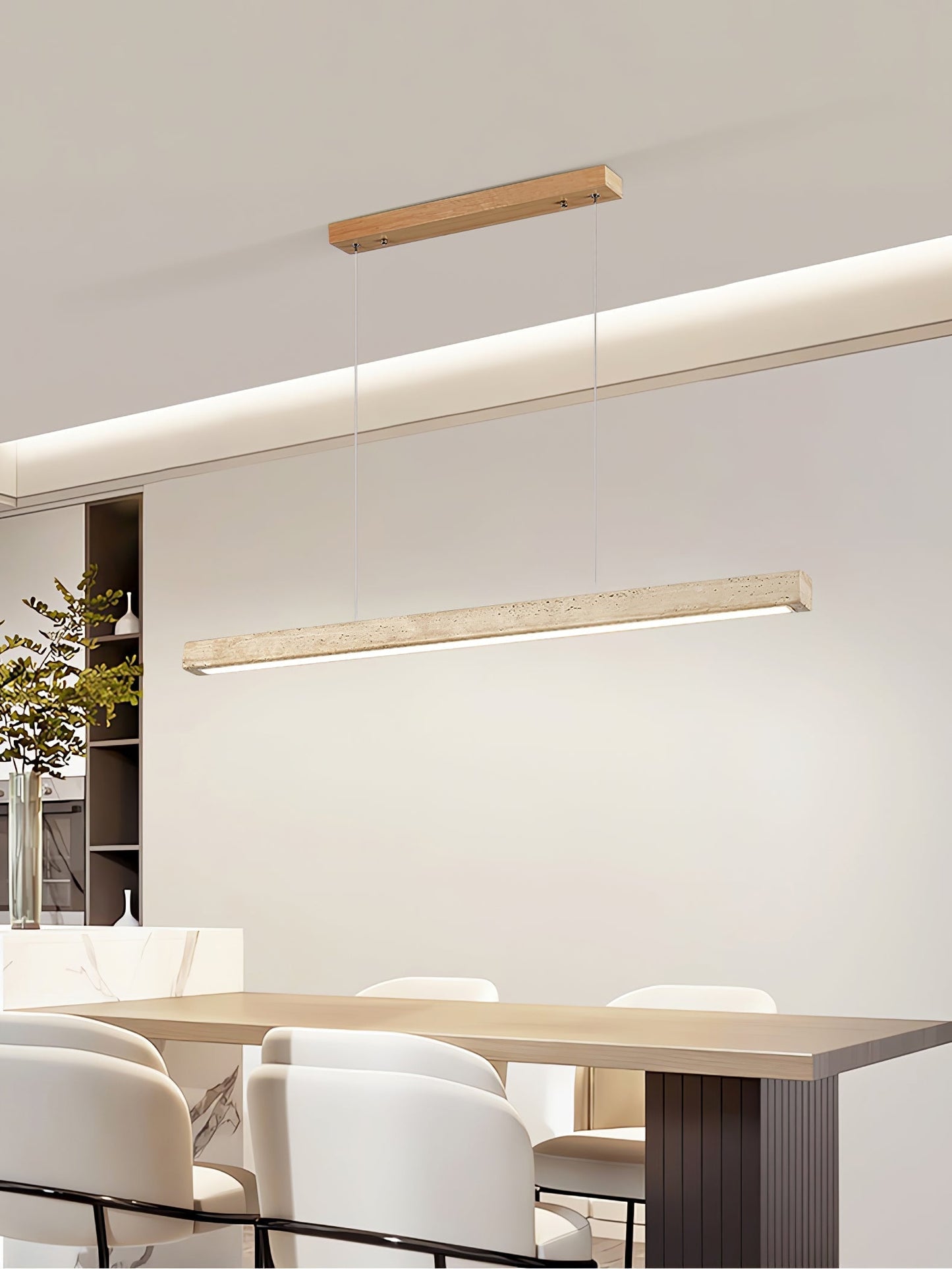 Linear Travertine Integrated LED Pendant Light / ∅ 31.5″ x H 1.9″ / Wood Color & Yellow Travertine / RC Dimming