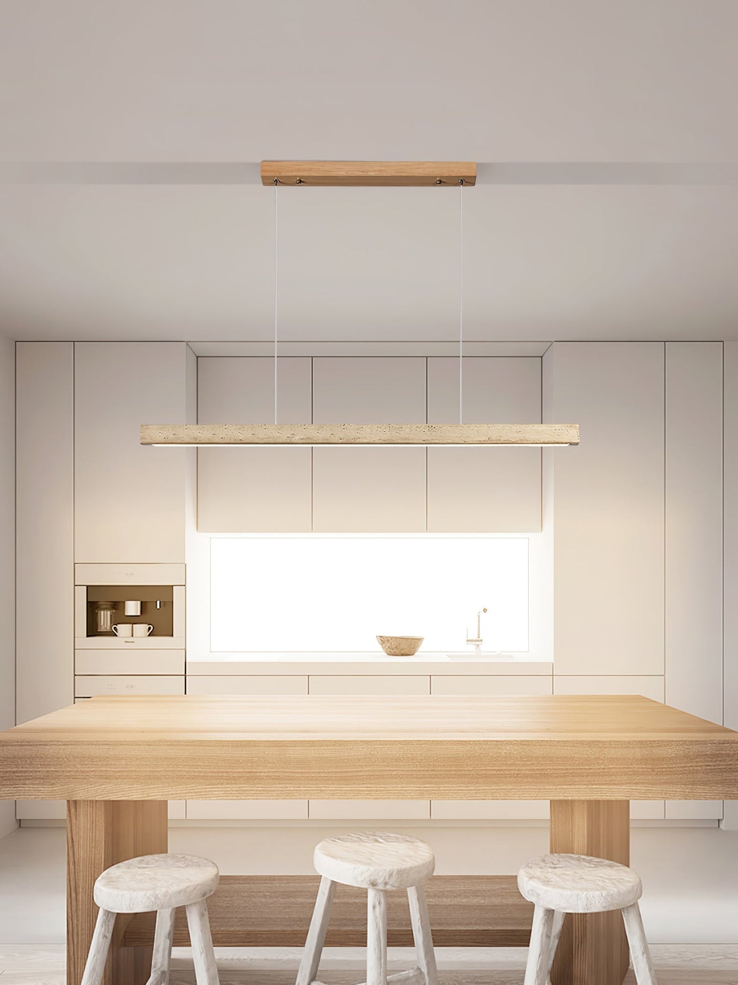 Linear Travertine Integrated LED Pendant Light / ∅ 31.5″ x H 1.9″ / Wood Color & Yellow Travertine / Triac Dimmable Warm Light