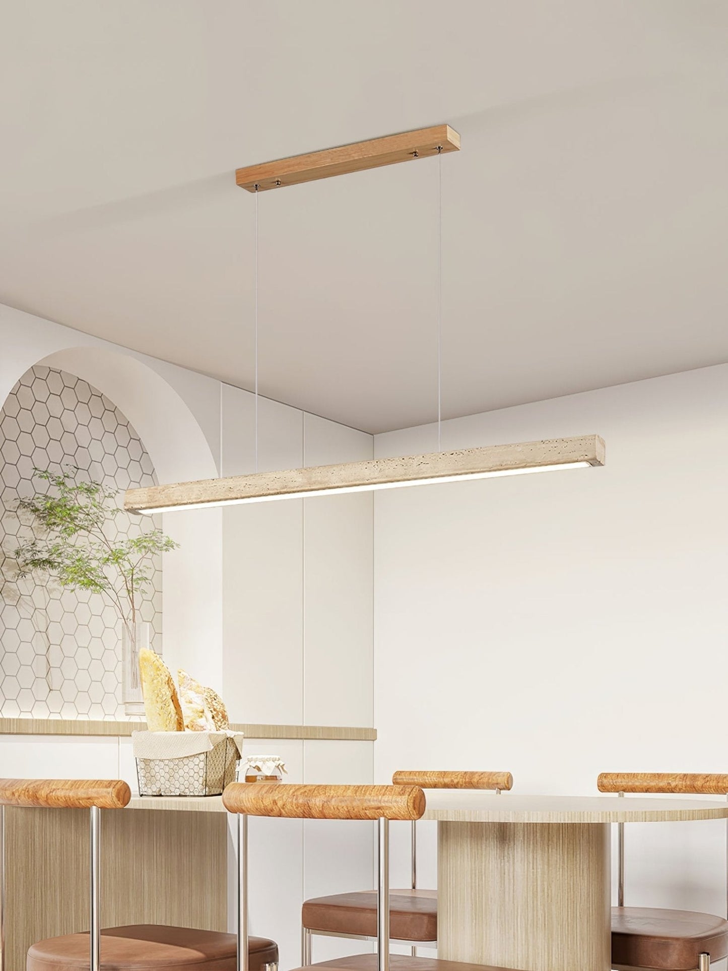 Linear Travertine Integrated LED Pendant Light / ∅ 39.4″ x H 1.9″ / Walnut Wood & Yellow Travertine / Warm Light