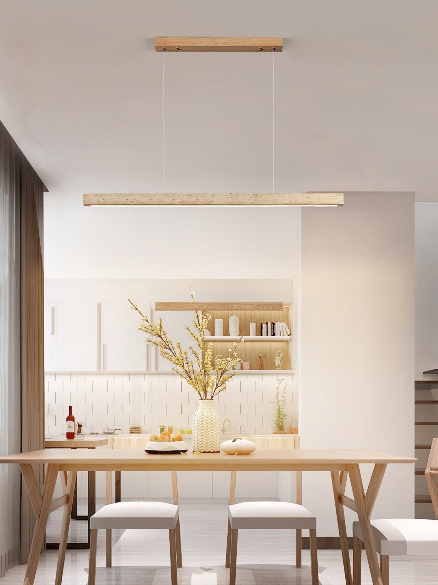 Linear Travertine Integrated LED Pendant Light / ∅ 39.4″ x H 1.9″ / Walnut Wood & Yellow Travertine / RC Dimming