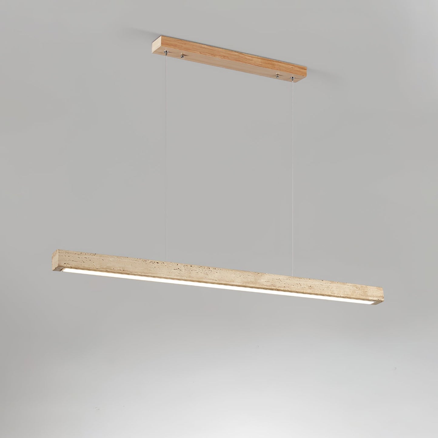 Linear Travertine Integrated LED Pendant Light / ∅ 39.4″ x H 1.9″ / Walnut Wood & Yellow Travertine / Triac Dimmable Warm Light