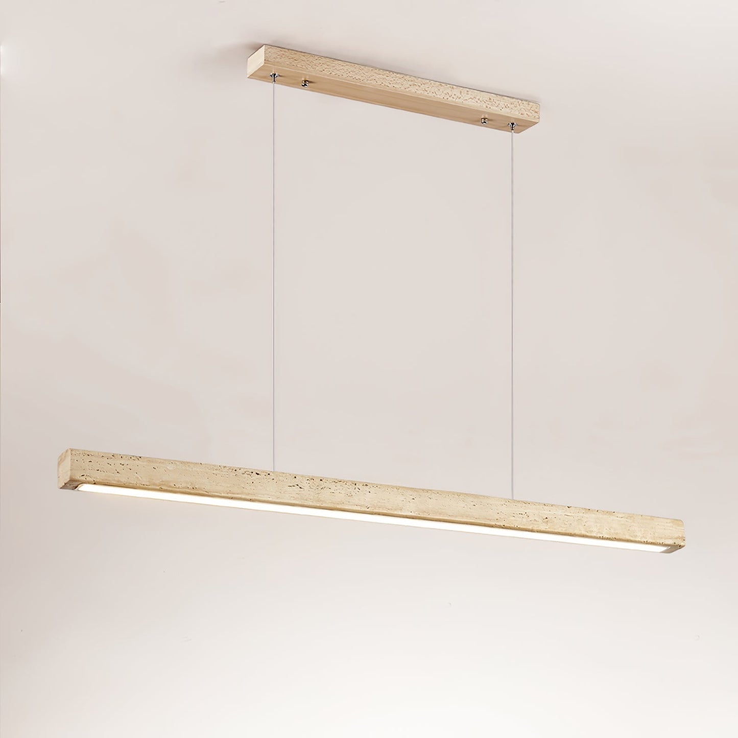 Linear Travertine Integrated LED Pendant Light / ∅ 39.4″ x H 1.9″ / Wood Color & Yellow Travertine / Warm Light