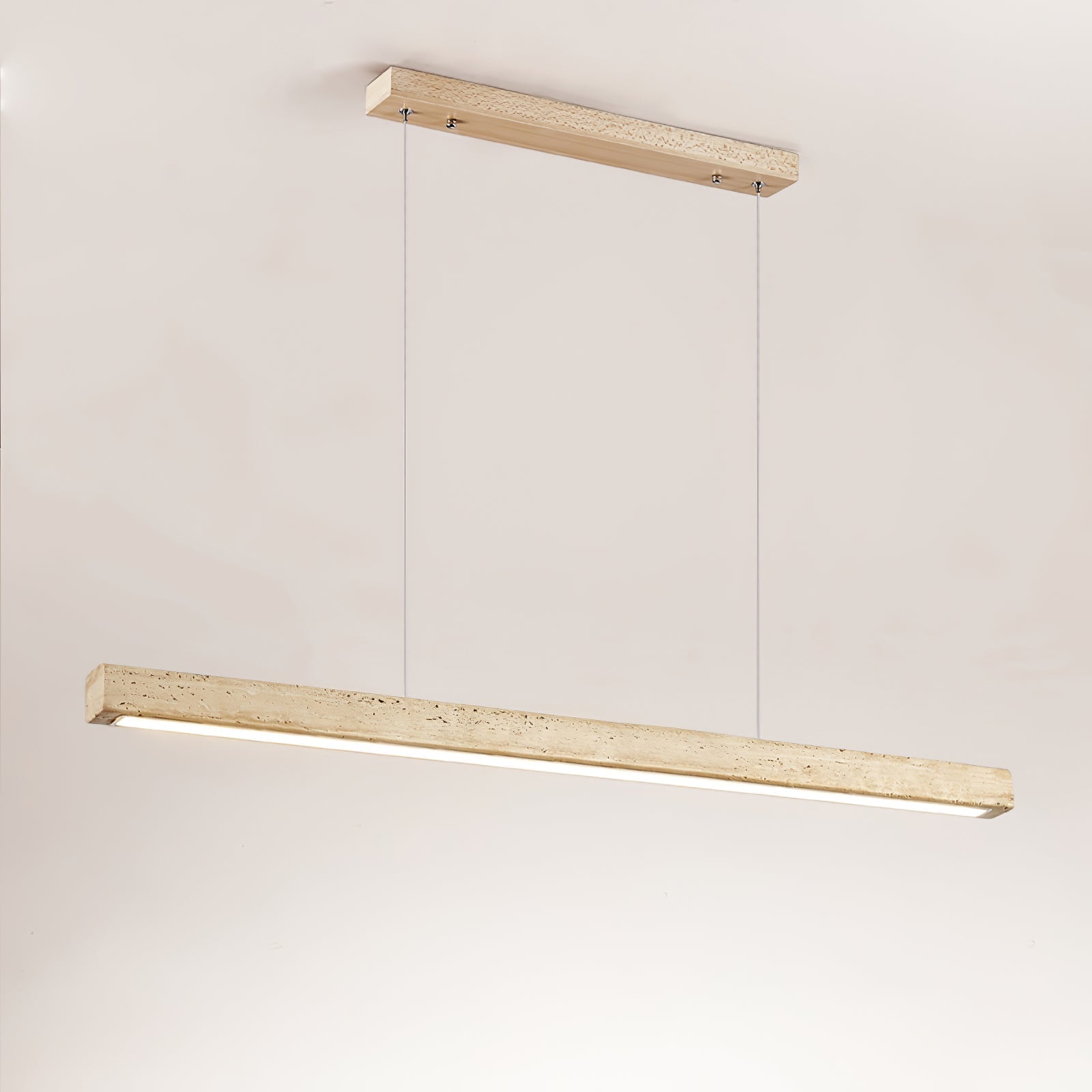 Linear Travertine Integrated LED Pendant Light / ∅ 39.4″ x H 1.9″ / Wood Color & Yellow Travertine / Warm Light